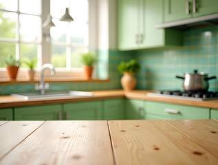 Wooden table in green modern kitchen background