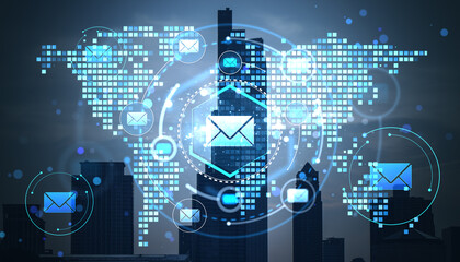 Digital email communication concept shown through double exposure of cityscape with holographic envelope icons and world map background.