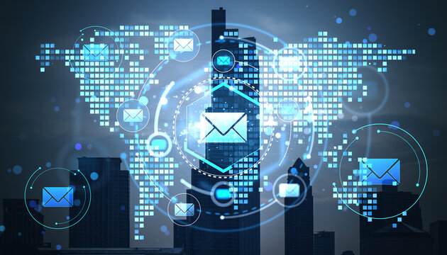 Digital email communication concept shown through double exposure of cityscape with holographic envelope icons and world map background. - Powered by Adobe