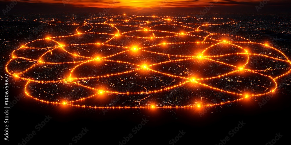 Poster digital web of connection: a glowing network of interconnected points illuminates the night sky, rep