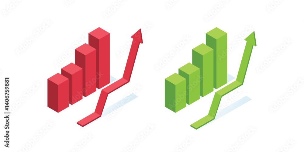 Aufkleber set of isometric vector illustration isolated on white background, chart with up arrow, business ana