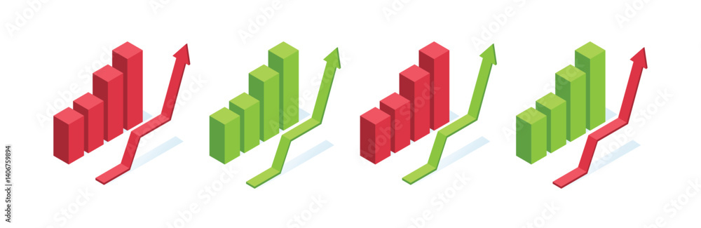 Aufkleber set of isometric vector illustration isolated on white background, chart with up arrow, business ana