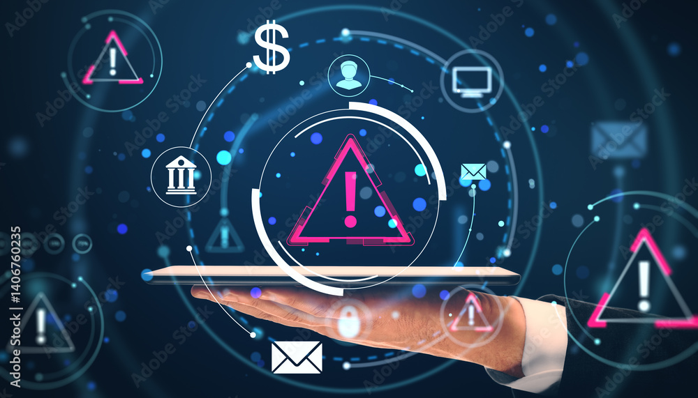 Poster businessman holding tablet with warning icon and cybersecurity symbols on futuristic digital backgro
