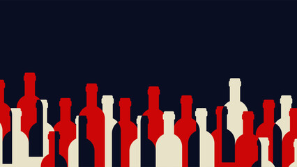 Blue background with row of white and red alcohol bottles. Vector flat banner.