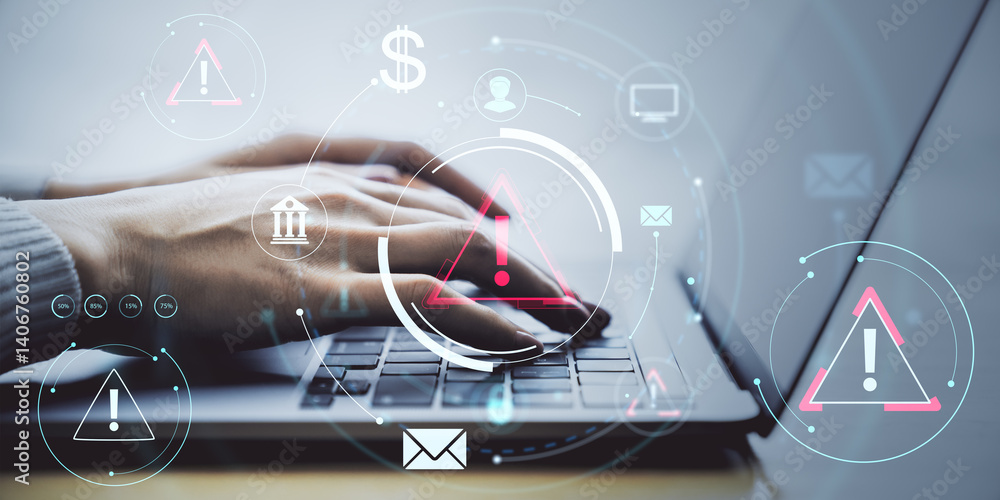 Poster Person typing on laptop with cybersecurity warning icons and digital interface over light background, symbolizing online threat protection concept.