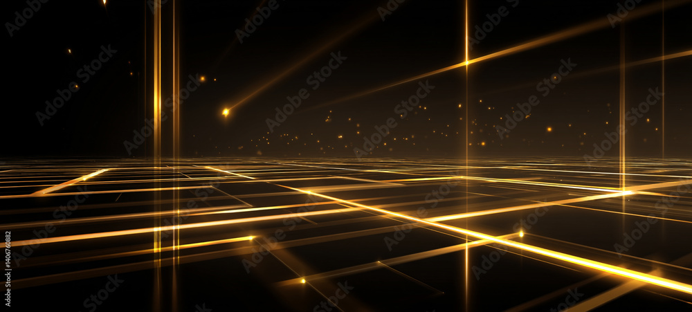 Poster an artistic depiction of a circuit machine, where thin golden circuit traces glow softly against a d