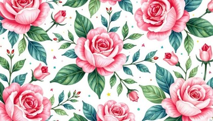 Delicate watercolor roses & leaves, repeating pattern, pattern, floral design