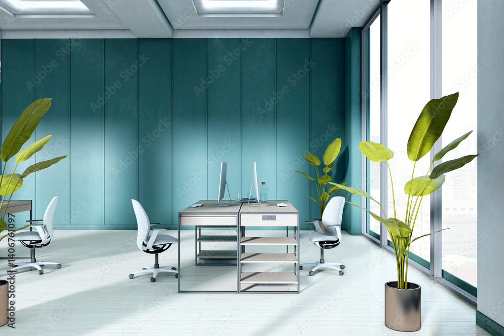 Poster modern empty office interior with stylish desks, chairs, and large windows overlooking cityscape in 
