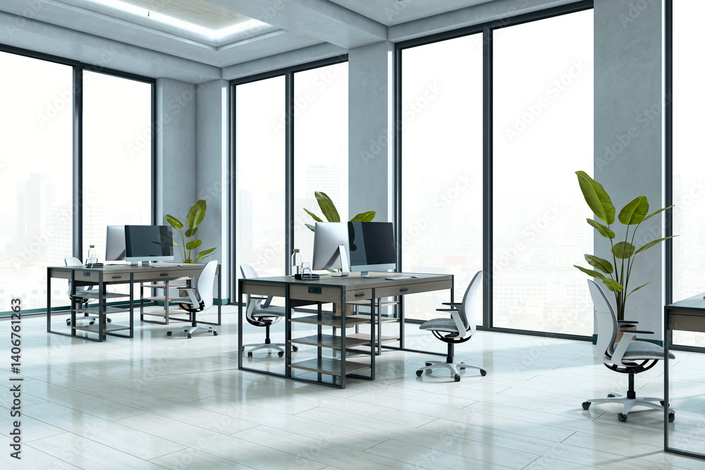 Poster modern empty office interior with sleek desks and chairs, large windows showcasing city view, bright