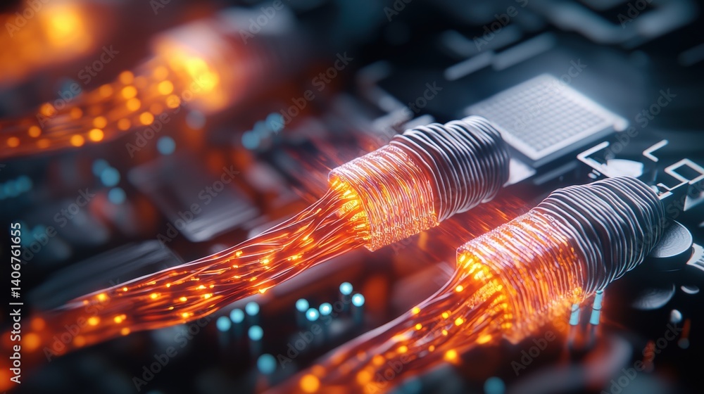 Poster dynamic fiber optic cables transfer data technology lab close-up image futuristic environment macro 
