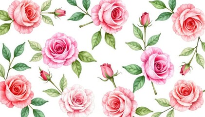 Delicate watercolor roses & leaves, repeating pattern, texture, flower, seamless pattern