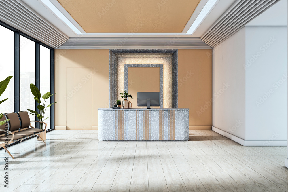 Poster modern reception desk in stylish office lobby with large windows, city view, and elegant lighting in