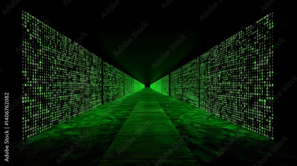 Poster digital corridor: a striking digital corridor with walls composed of binary code, bathed in an eerie