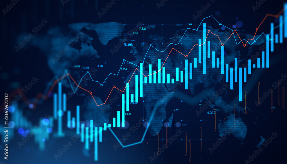 Aufkleber Abstract digital chart with glowing bar graphs and lines over world map background representing global financial technology concept. 3D Rendering