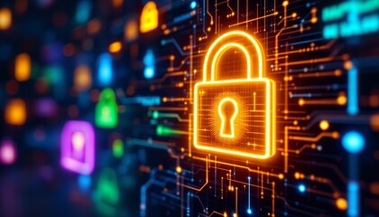 Cybersecurity: Glowing Padlock on Digital Circuitry