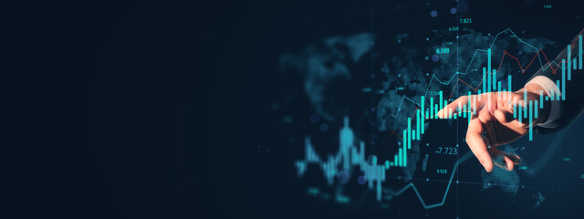 Businessperson analyzing financial data with digital graphs and stock market charts on dark background representing technology and investment concept.