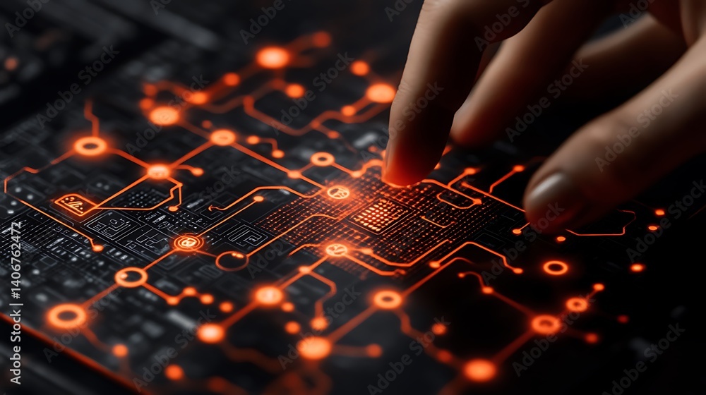 Poster touch of technology: a close-up shot of a person's finger interacting with the complex circuits of a