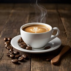 Hot coffee latte with latte art milk foam in cup mug