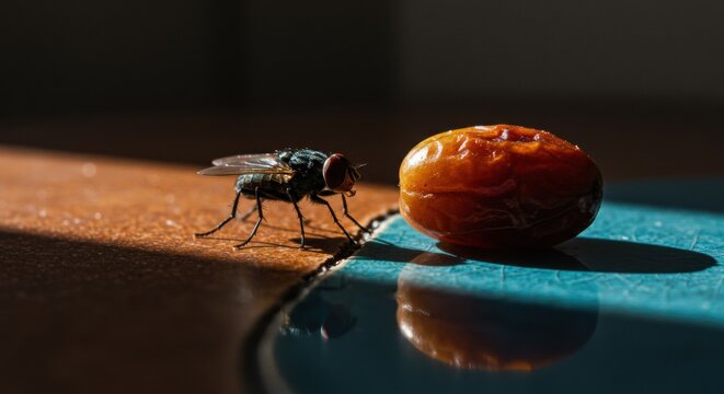 Close-up of a fly examining a dried date on a colorful surface with soft shadows and reflections - pictures of fruit flies