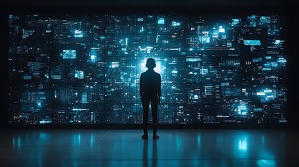 Silent Observer: The image showcases a lone silhouette of a person gazing intently at a massive digital screen filled with abstract data.