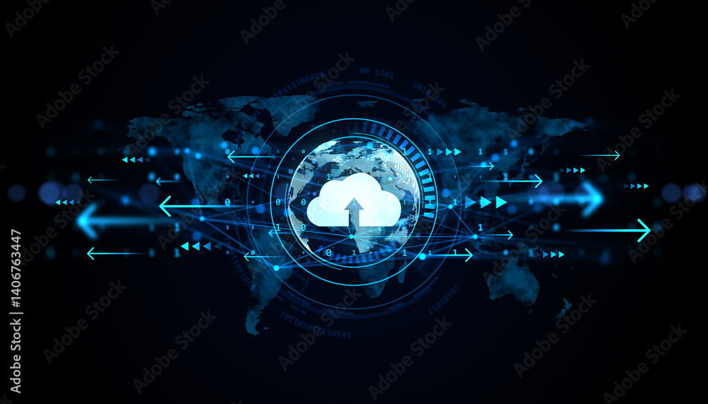 Aufkleber Cloud computing data transfer concept with glowing arrows and digital world map background around central cloud icon in futuristic style. 3D Rendering