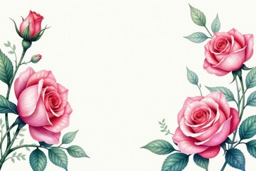 Delicate watercolor roses & leaves, soft hues, background, seamless