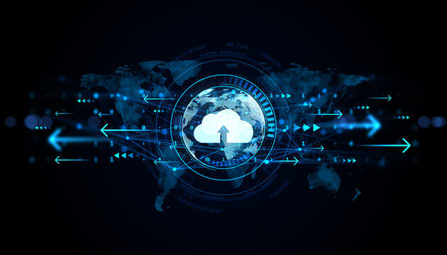 Cloud computing data transfer concept with glowing arrows and digital world map background around central cloud icon in futuristic style. 3D Rendering