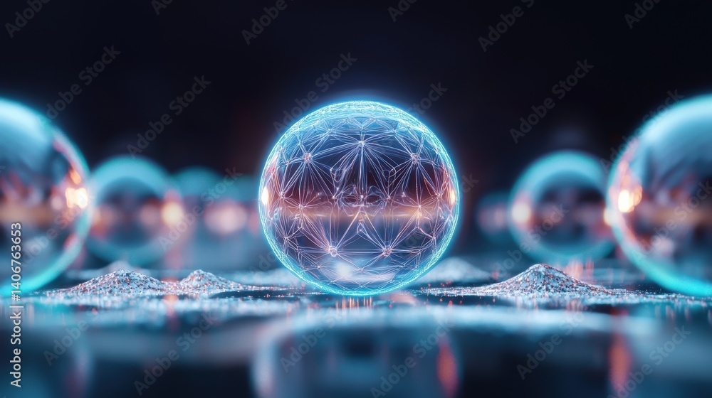 Poster dynamic energy sphere interaction futuristic laboratory digital art sci-fi environment close-up view