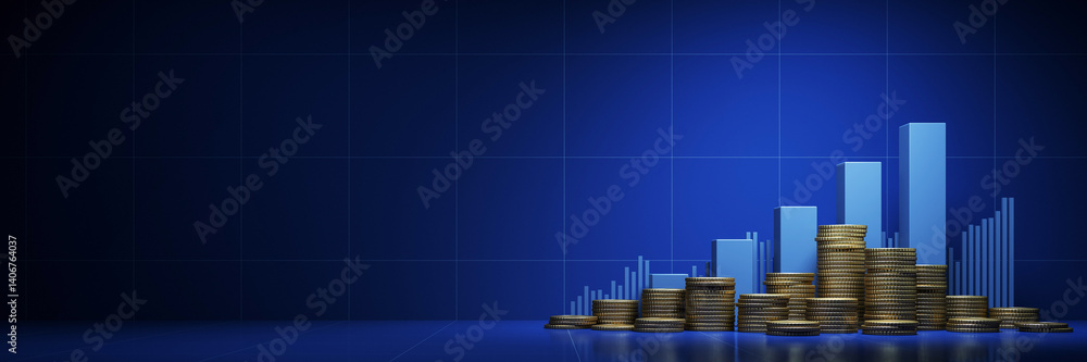 Aufkleber a blue background with a pile of coins and a graph.