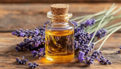 Lavender Essential Oil in Glass Bottle with Fresh and Dried Lavender Sprigs on Rustic Wooden Table