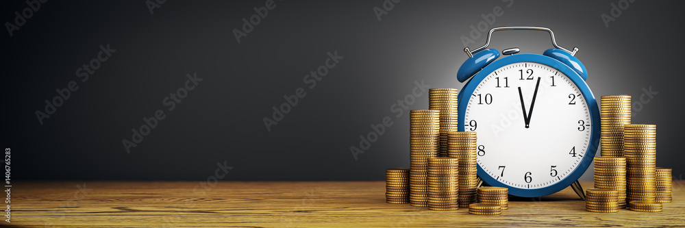 Aufkleber stacked gold coins and blue alarm clock on wooden surface with dark background symbolizing time and 