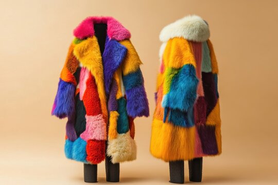 Vibrant outerwear coats with unique patchwork designs, showcasing vivid colors and textures against a neutral backdrop.