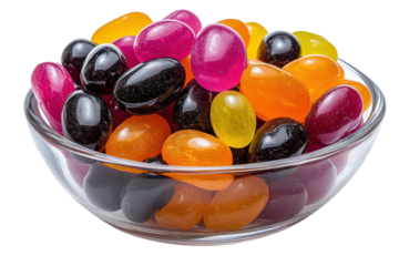 Colorful jelly beans in a clear glass bowl on a white background ready for enjoyment