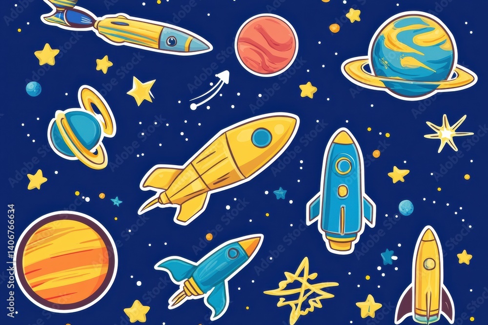 Poster explore the universe with colorful space-themed stickers featuring rockets and planets over a deep b