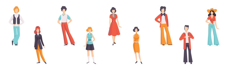 Young Man and Woman Wearing Vintage Retro Clothing Vector Set