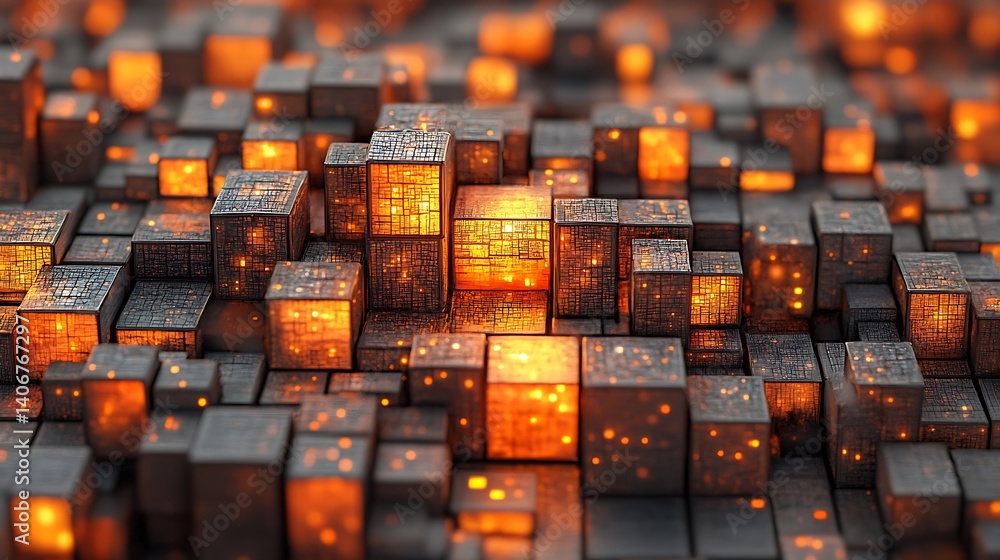 Poster digital cubes illuminated: an abstract representation of interconnected digital cubes glows with war