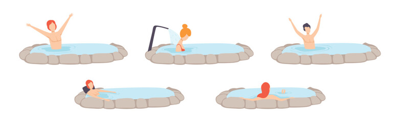 People Character Relaxing in Spring Thermal Pool or Bath Vector Set