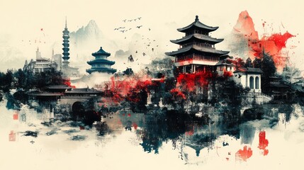 Obraz premium Artistic rendering of chinese landscape with pagodas mountains and water