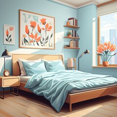 Contemporary Interior Bedroom Illustration in Flat Style