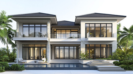 Fototapeta premium Modern two story house with large windows and pool, surrounded by lush greenery