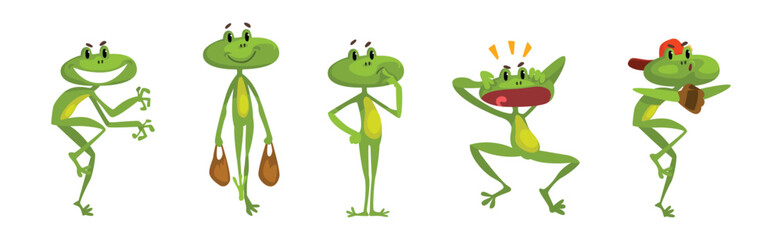 Cute Green Frog Croaking and Leaping Animal Vector Set