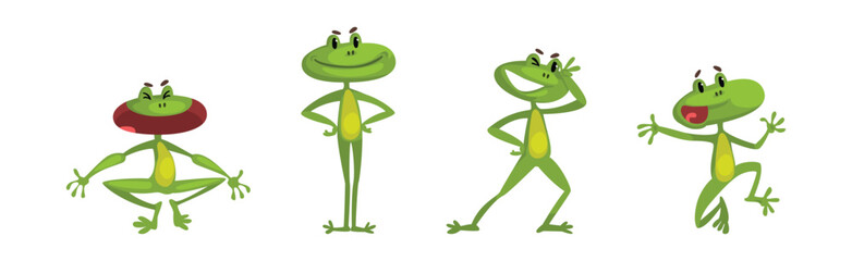Cute Green Frog Croaking and Leaping Animal Vector Set