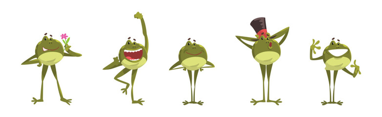 Cute Green Frog Croaking and Leaping Animal Vector Set