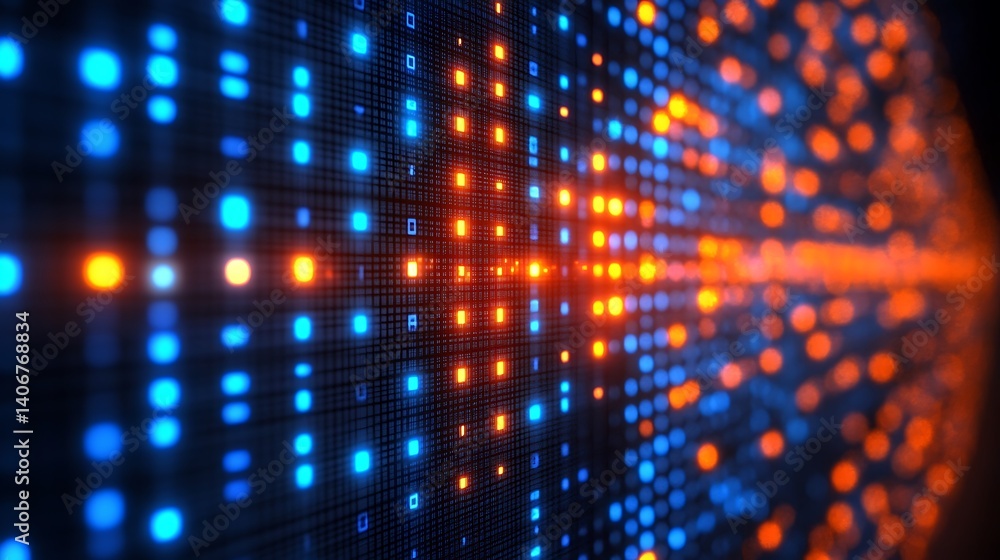 Poster abstract digital matrix: a mesmerizing display of glowing blue and orange dots forming an abstract d