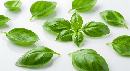 Obraz premium Green fresh basil leaves isolated on white background Green
