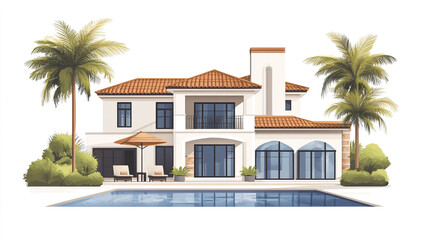 Fototapeta premium Elegant resort style American house with pool and palm trees