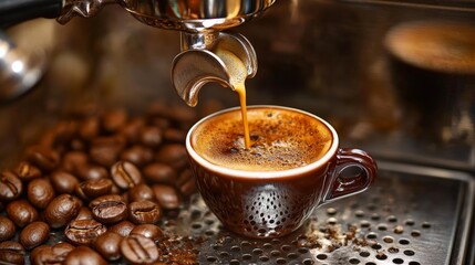 Barista brewing espresso in a cozy coffee shop. Featuring coffee brewing techniques