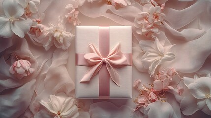 Beautifully wrapped vertical gift box with pink ribbon surrounded by delicate flowers and fabric.