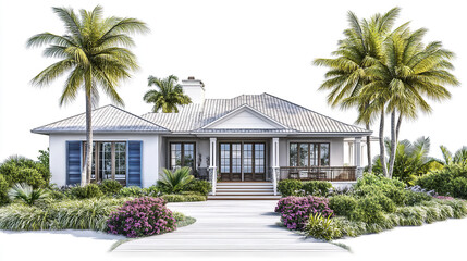 Fototapeta premium Charming resort style house with palm trees and lush garden