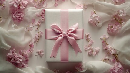 Beautifully wrapped vertical gift box with pink ribbon surrounded by delicate flowers and fabric.